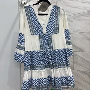 Bohemian Blue and White Geometric Mini Dress